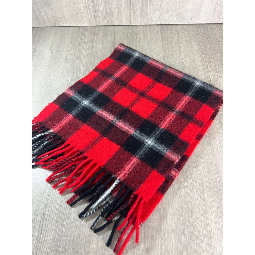 Strikke Designs 100% Cashmere Scarf Made in Scotland Red Black Plaid Fringed